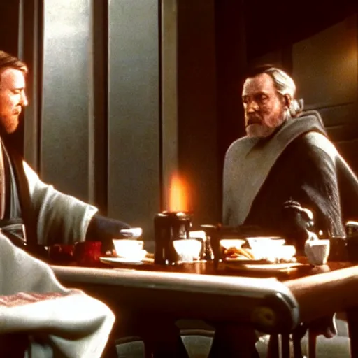 Prompt: Obi Wan sits at a table with Darth Vader and Drinks tea. Screenshot from Movie, Movie Still, 8k, High Resolution, Highly Detailed