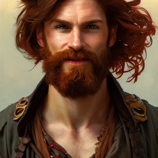 Image similar to portrait of a young ruggedly handsome but joyful pirate, male, masculine, upper body, red hair, long hair, d & d, fantasy, joyful smirk, intricate, elegant, highly detailed, digital painting, artstation, concept art, matte, sharp focus, illustration, art by artgerm and greg rutkowski and alphonse mucha