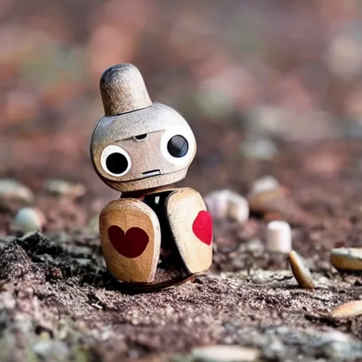 Image similar to an absolutely adorable tiny wooden robot has fallen in love with an acorn, octane, tilt shift, hearts, googly eyes, twee