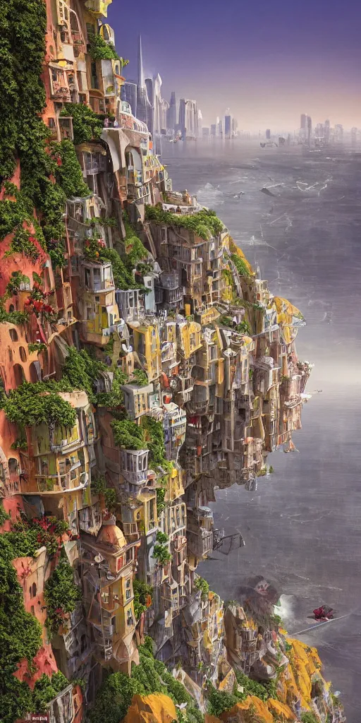 Prompt: a painting of a city built into the side of a cliff, a detailed matte painting by chris labrooy and wes anderson, architecture by morphosis and daniel libeskind, nature meets architecture, cgsociety, fantastic realism, matte painting, terragen, artstation hq