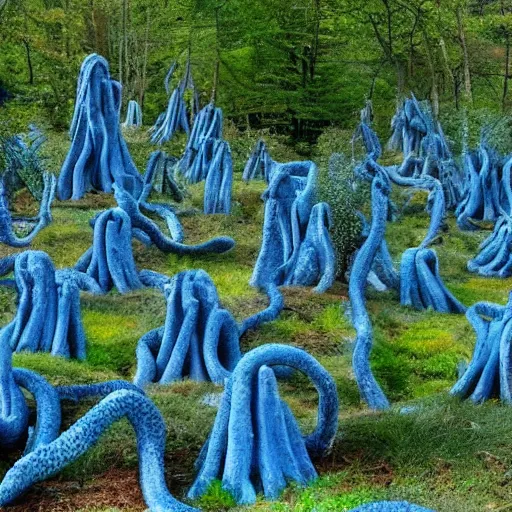 Image similar to a forest of trees made out of stone, blue tentacles