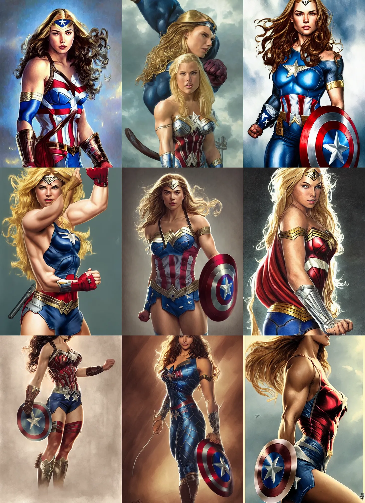 Prompt: a very muscled young april with a mischievous face and extremely long blonde wavy hair dressed as teen superhero, captain america, wonder woman, intricate detailed face, artgerm, greg rutkowski, alphonse mucha