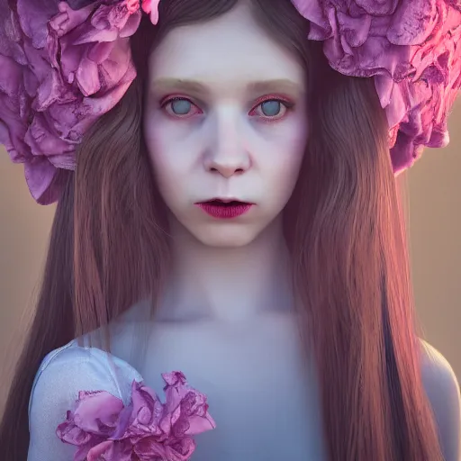 Image similar to 8 k, octane render, realism, tonalism, renaissance, rococo, baroque, cotton candy, portrait of a creepy young lady wearing long 7 0 s babydoll dress with flowers and skulls