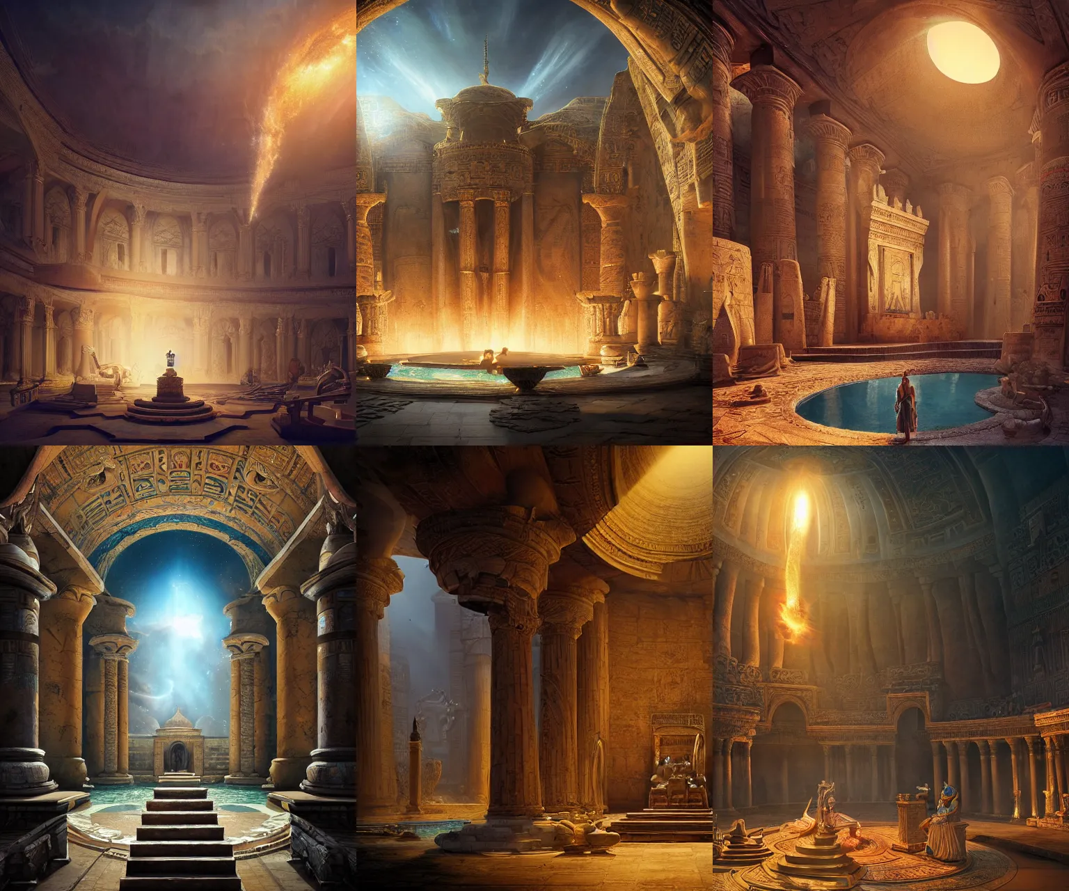 Prompt: fantasy movie scene andreas rocha and canaletto detailed digital art of ornate and royal egyptian antechamber tomb, cleopatra in a circular pool with an erupting galaxy, epic atmosphere, sharp sunray lighting, cinematic lighting, fine details, 4 k, unreal engine, hyperrealism, cinematic composition, blender render, realistic, detailed textures, very wide shot