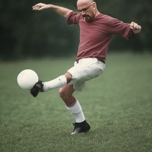 Image similar to walter white playing football soccer, sport photography