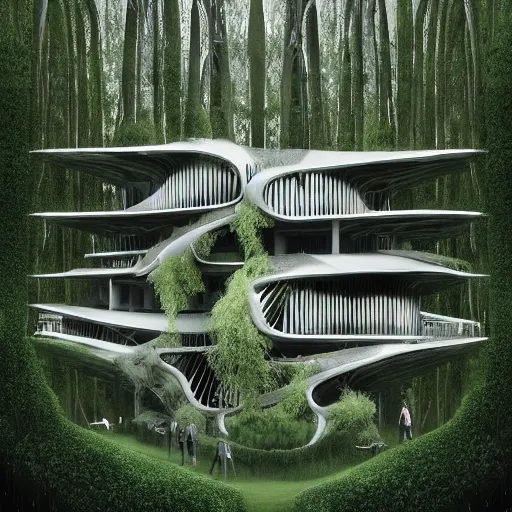 Prompt: futuristic black exterior, drone view, forest hotel, surrounded by massive willow trees and vines, white exterior facade, in full frame, exterior view, twisted house, canopy, earth architecture, cavelike interiors, convoluted spaces, digital painting, greg rutkowski, artstationg, highly detailed, cinematic lighting