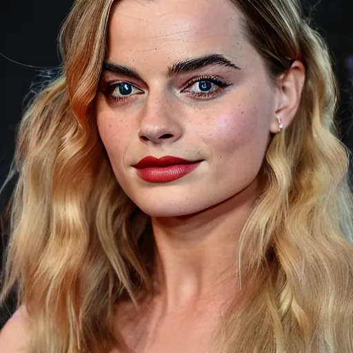 Image similar to a woman who is a genetic combination of margot robbie and emma watson face and upper - body focus