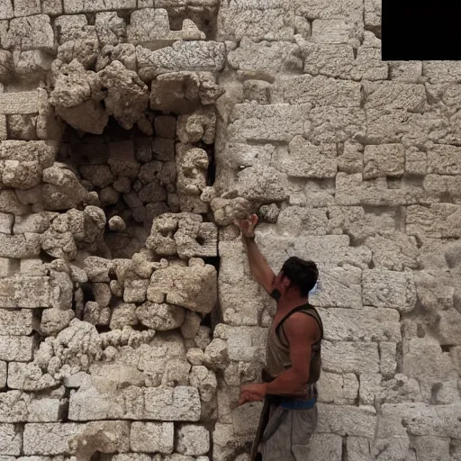 Image similar to award winning cinematic still of 40 year old man in ancient Canaanite clothing building a broken wall in Jerusalem, directed by Steven Spielberg