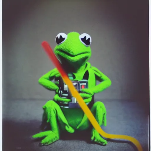 Image similar to Kermit the frog in Star Wars movie, dressed as a Jedi, with green lightsaber, polaroid photo, instax, white frame, by Warhol,