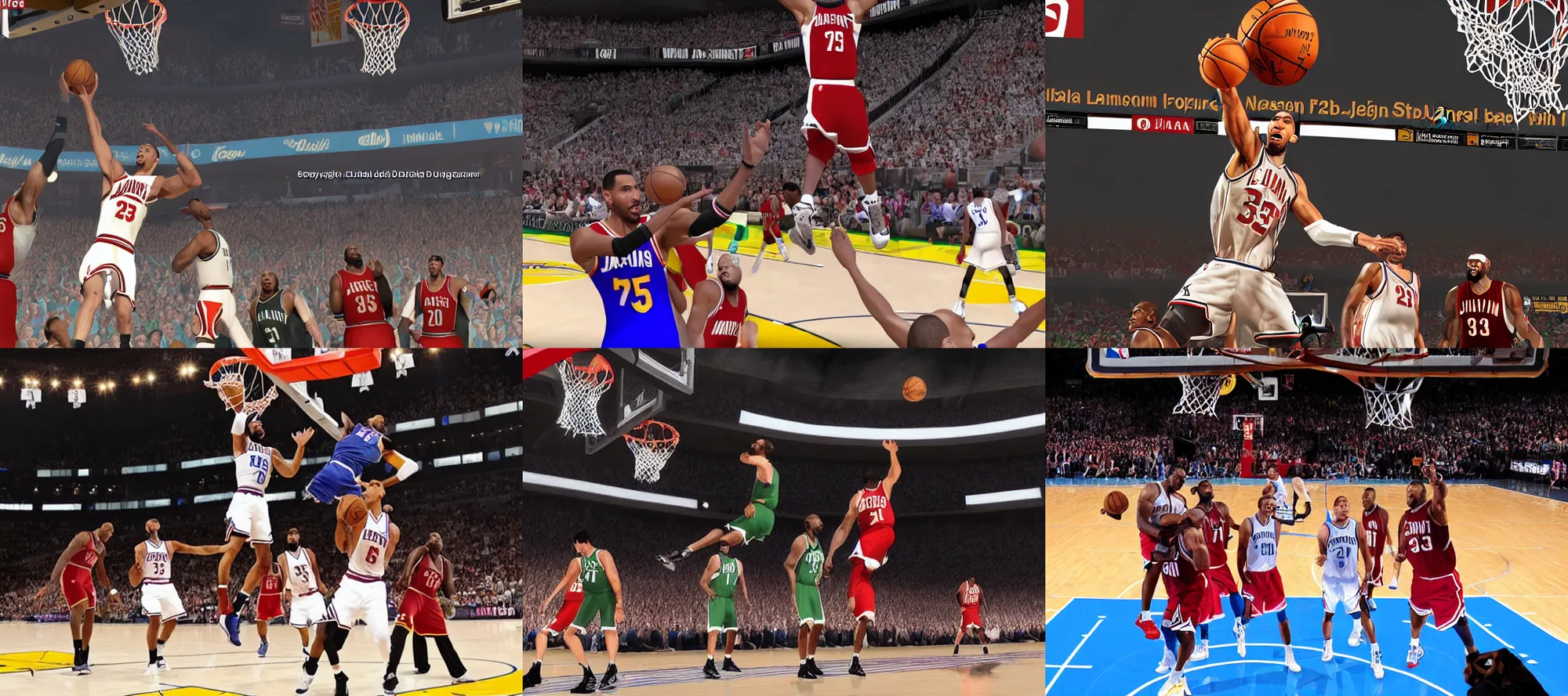 Prompt: digital image of nba player Jason Tatum dunks a ball in the basket, on rebound lebron james michael jordan stephen carry denis rodman james harden shakil oneal kobi brient tim dunkan kevin durant blocking By Christian Petersen, Ward Roberts, Richard James Daniels, Kevin Couliau, Charlie Lindsay, style from nba 2k22