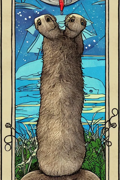 Prompt: tarot card illustration depicting a sea otter on the card the seven of clams, framed in an elaborate rectangular border, tarot card, detailed illustration, sea otter, furry art, artstation, 4 k