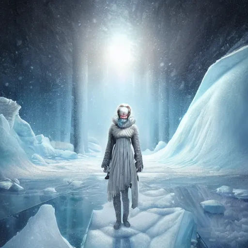 Image similar to a hyperrealistic illustration of a human in the Arctic, snow on the body, blue transparent ice with fractal sunlight, award-winning, masterpiece, in the style of Tom Bagshaw, Cedric Peyravernay, Peter Mohrbacher