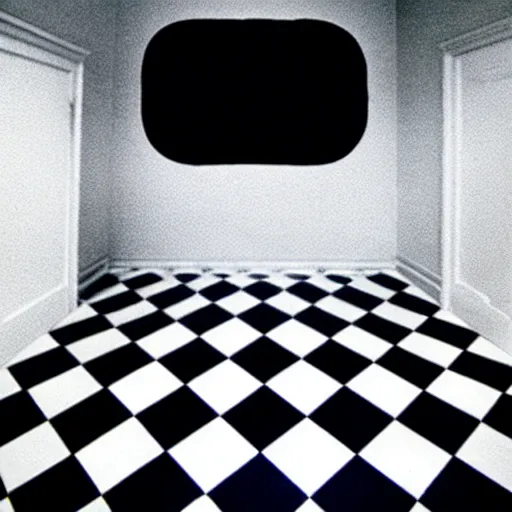 Prompt: 3 5 mm film photography by stanley kubrick, award winnin photo of an old room with checker floor and with a singular cloud floating inside it