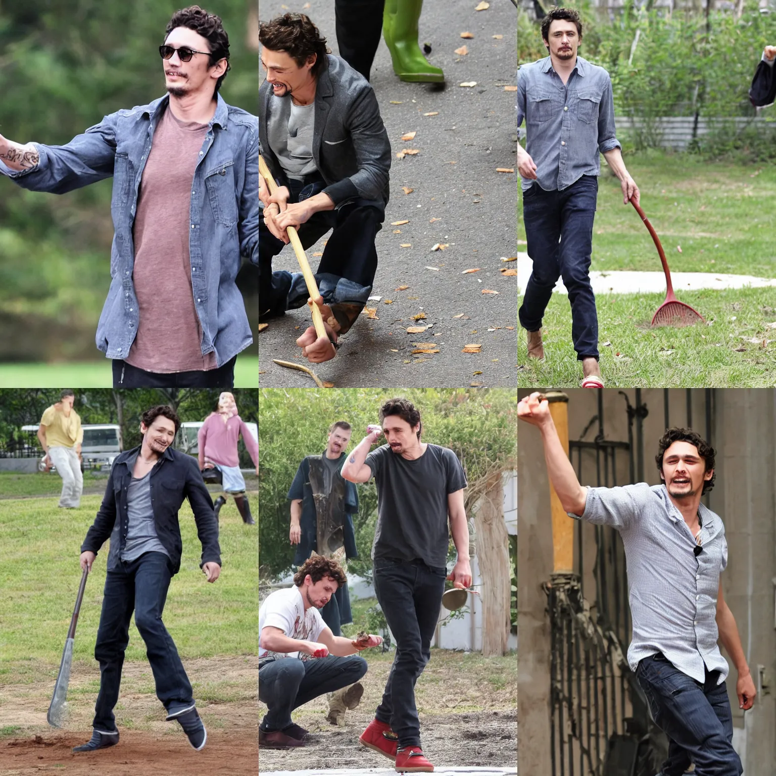 Prompt: James Franco stepping on a rake, hitting his face