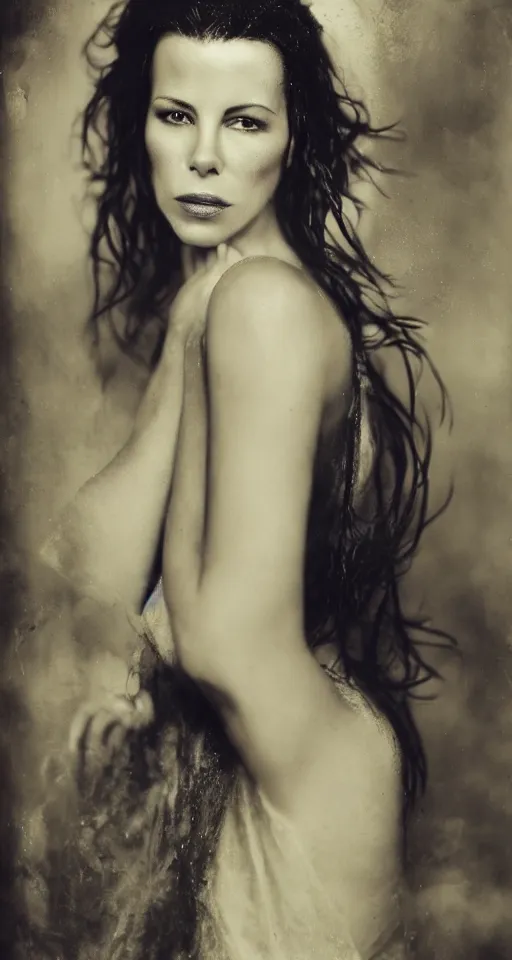 Prompt: wet plate photograph, a beautiful portrait of Kate Beckinsale