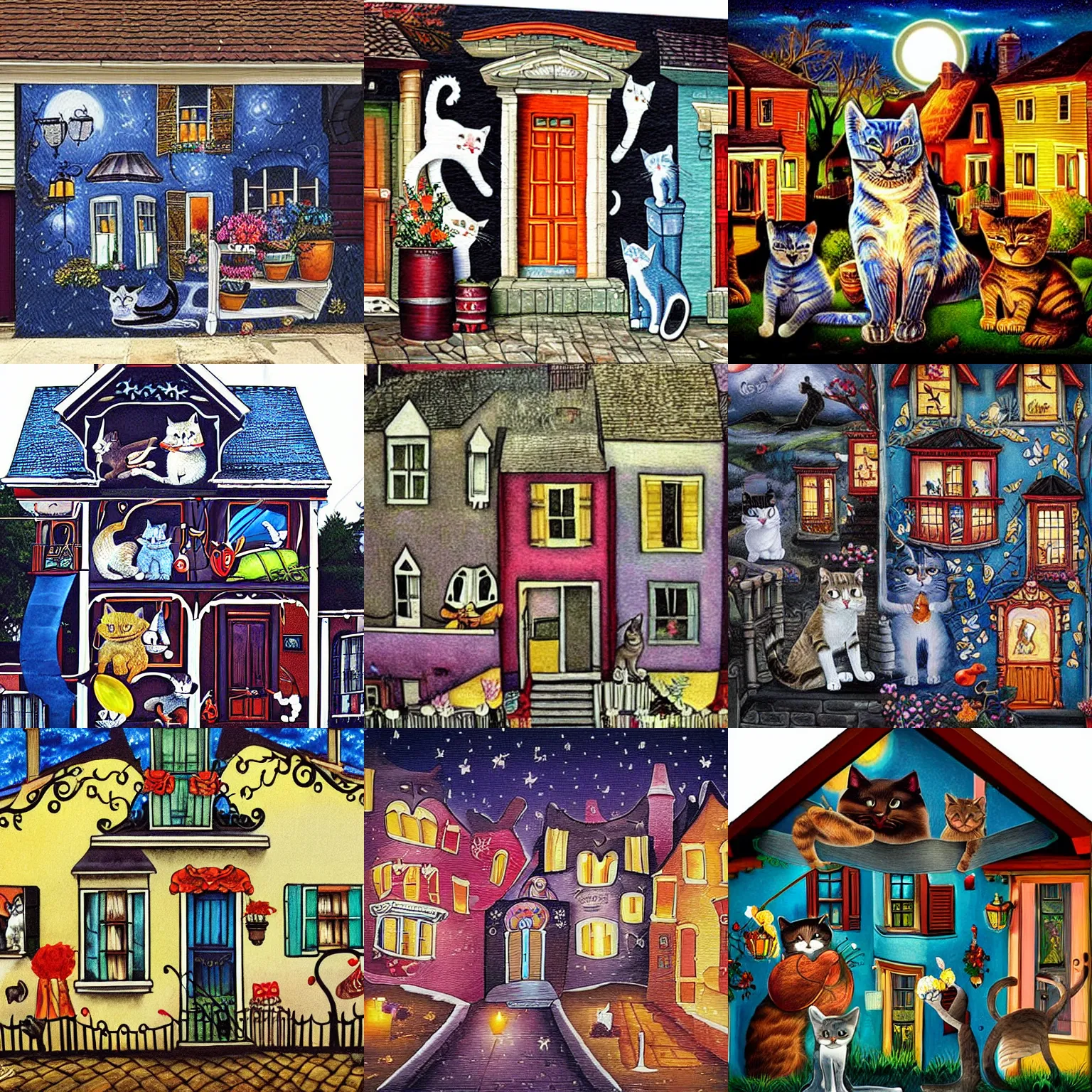 Prompt: cats festivities murals on all the houses, dark night, photographic