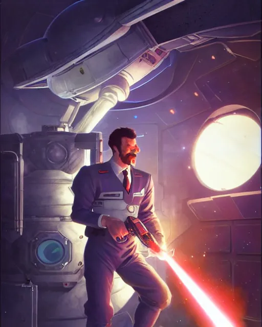 Image similar to gigachad luigi firing a laser cannon like ernest khalimov wearing a suit in the space lab, fantasy character portrait, ultra realistic, anime key visual, concept art, intricate details, highly detailed by greg rutkowski, ilya kuvshinov, gaston bussiere, craig mullins, simon bisley