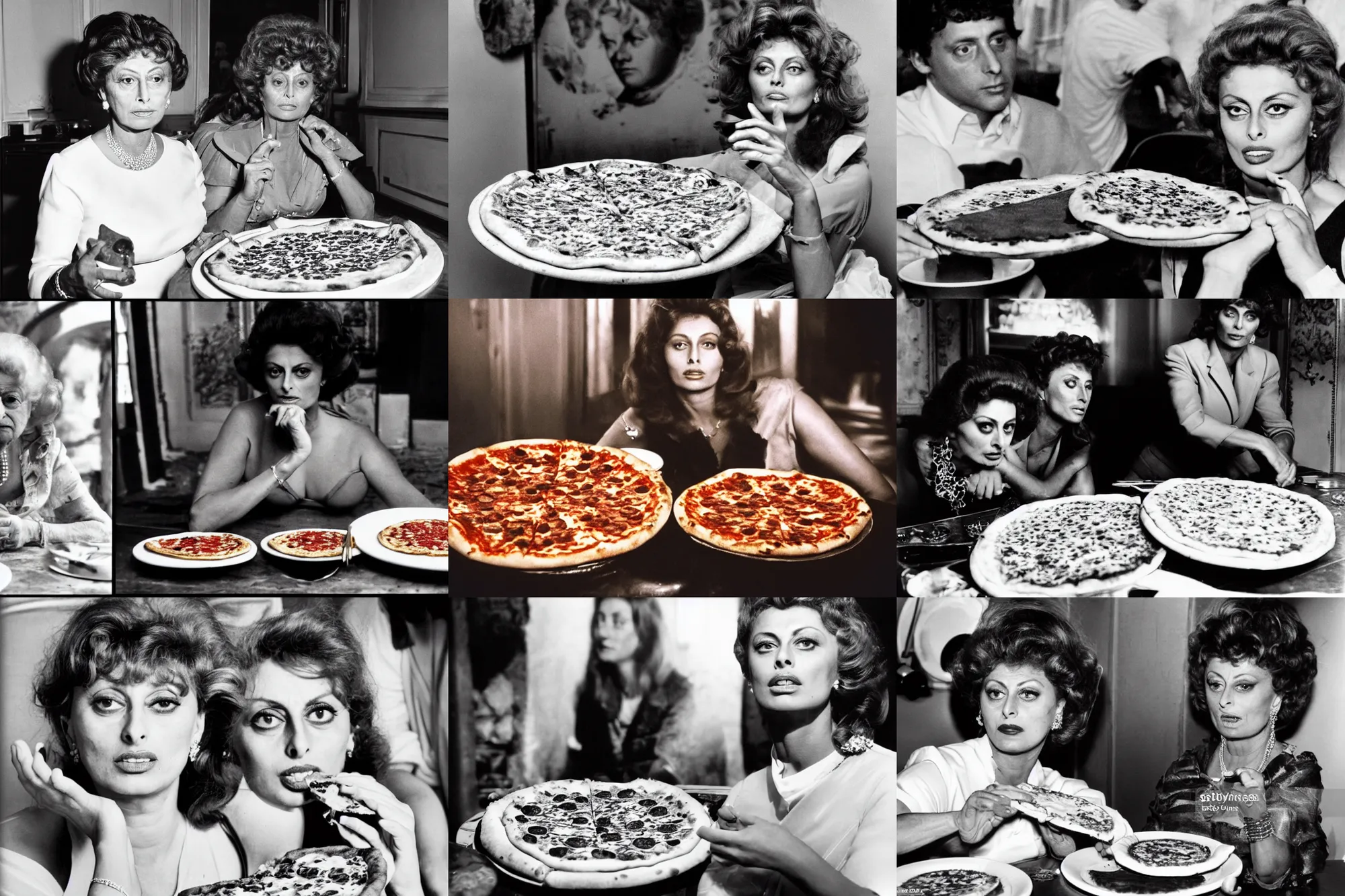 Prompt: a historical photo of queen margherita of italy beaing served a pizza margherita by young sophia loren, smooth lighting, exquisit detail, masterpiece, timeless, photography by letizia battaglia