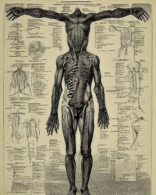 Image similar to a print of a medical textbook diagram of a mutated humanoid by max klinger, extremely detailed, 4 k, etching