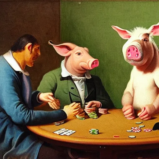 Prompt: Pig and donkey playing poker and Pig is cheating because looking on computer, 19 th century realism painting