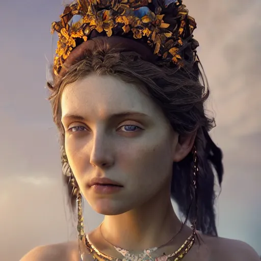 Prompt: portrait of a beautiful enchanted pagan female, depth of field, zeiss lens, detailed, symmetrical, centered, by annie leibovitz and steve mccurry, david lazar, jimmy nelsson, breathtaking, 8 k resolution, extremely detailed, beautiful, establishing shot, artistic, hyperrealistic, beautiful face, octane render