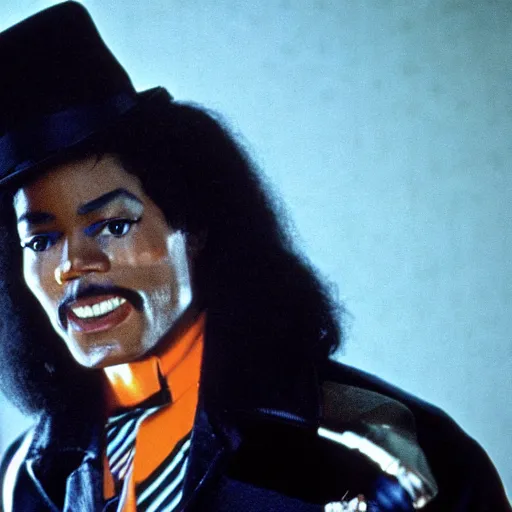 Prompt: a 1980s film still of Morgan Freeman dressed as Michael Jackson, 40mm lens, shallow depth of field, split lighting