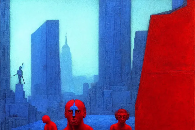 Image similar to only with blue, caesar during war, a red tiger, in hoc signo vinces, nyc in background, an ancient path, in the style of beksinski, part by hopper, part by rodcenko, part by hofbauer, intricate composition, blue by caravaggio, insanely quality, highly detailed, masterpiece, red light, artstation