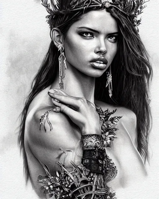 Image similar to realism tattoo sketch of adriana lima as a beautiful greek goddess aphrodite with piercing eyes wearing a laurel wreath and triangle earrings, in the style of greg rutkowski, amazing detail