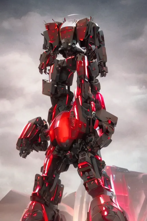 Image similar to professional photograph of a beautiful neo - futuristic simplified symmetrical mechangel mech and monolith by ilm, denis villeneuve, emmanuel shiu, zaha hadid, vapor, cinematic architectural scale, red paint detail, manga, dramatic, volumetric, concept art, hard surface, hyperrealism, high detail, trending on artstation, sharp focus, rendered in octane