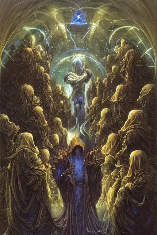 Prompt: an advanced technological computer!!!!!, surrounded by a dark cabal of hooded elven mystics with long robes gathered in a circular formation, michael whelan, dan seagrave, boris vallejo, quantum computer!!!! quantum computer