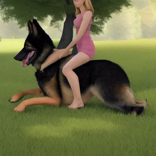 Image similar to girl riding a giant German shepherd in the park, trending on artstation