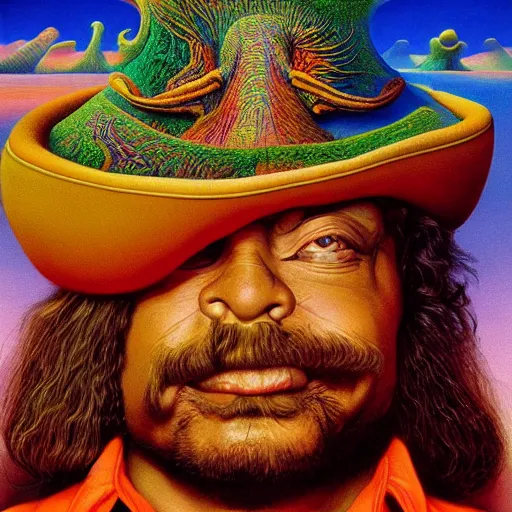 Prompt: color masterpiece surreal closeup portrait photography of cheech and chong by michael cheval, surreal epic psychedelic smoke complex biomorphic 3 d fractal landscape in background by kilian eng and roger dean and salvador dali and beksinski, 4 k,