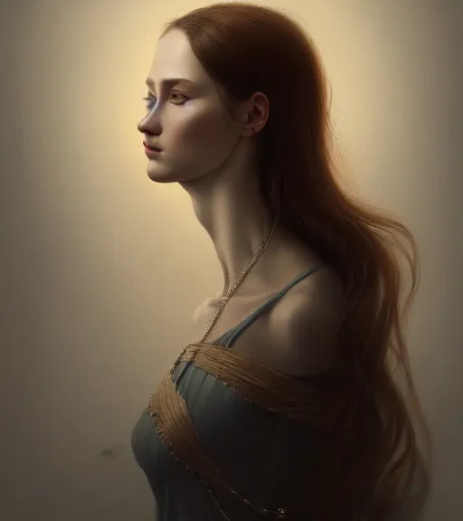 Image similar to portrait of a woman with heightened detail, poised, intense emotion, detailed facial expression, detailed surroundings, intricate, elegant, highly detailed, centered, digital painting, artstation, concept art, smooth, sharp focus, illustration, by ( leonardo da vinci ), wlop