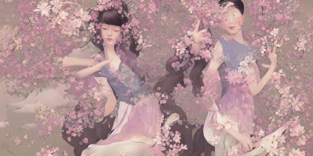 Image similar to breathtaking delicate detailed concept art painting pattern blend of flowers and girls, by hsiao - ron cheng, bizarre compositions, exquisite detail, pastel colors, 8 k