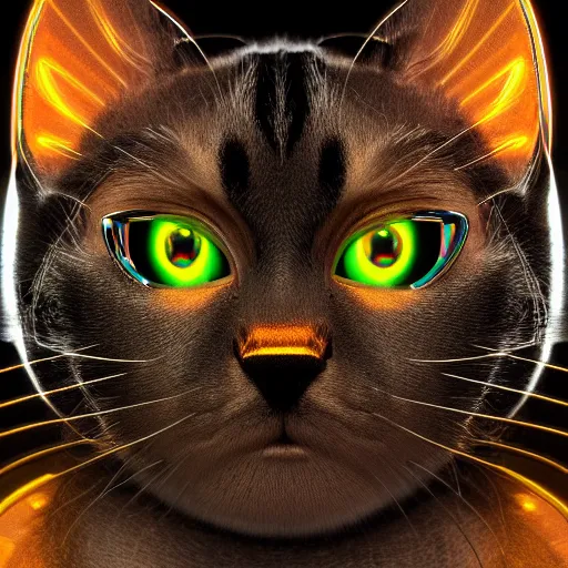 Image similar to chrome kitten, glossy, metallic, neon, symmetrical, tribal patterns, realistic, unreal engine, octane, redshift, artstation, behance