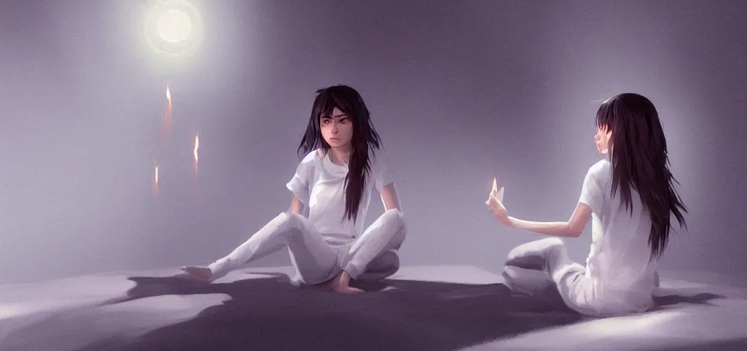 Image similar to Young Himalayan woman sitting concerned in an empty room with loneliness using psychic powers to make a lighter float| night time scene, plain walls |somber white eyes, long messy hair | gentle lighting, futuristic, dim lighting, digital art by Makoto Shinkai ilya kuvshinov and Wojtek Fus, digital art, concept art,