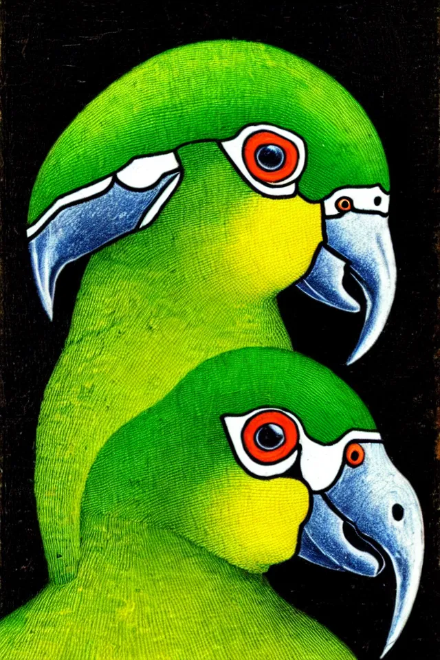 Image similar to a renaissance close up portrait of a green duck parrot as a ninja turtle, centered, triumphant, beautiful intricate painting