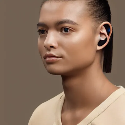 Image similar to beige truly wireless earbuds, studio, product photo