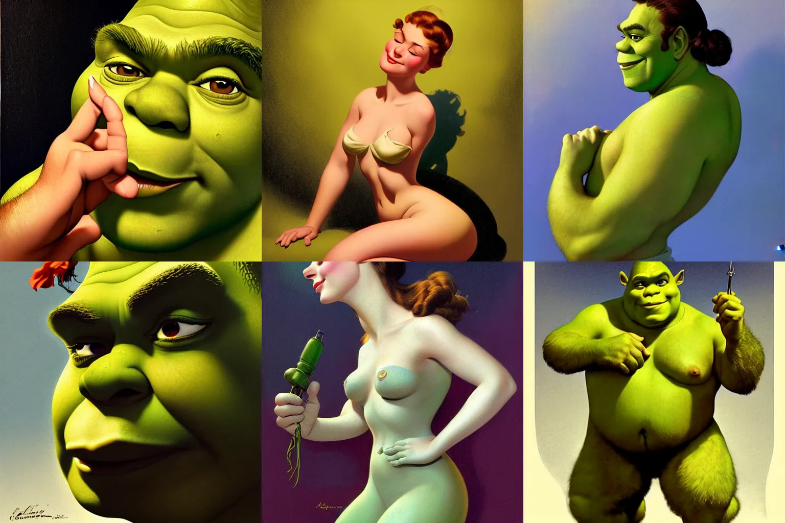 Prompt: portrait of Shrek, dreamy and ethereal, expressive pose, peaceful expression, elegant, highly detailed, digital painting, artstation, concept art, smooth, sharp focus, by Alberto Vargas and Art Frahm and gil elvgren