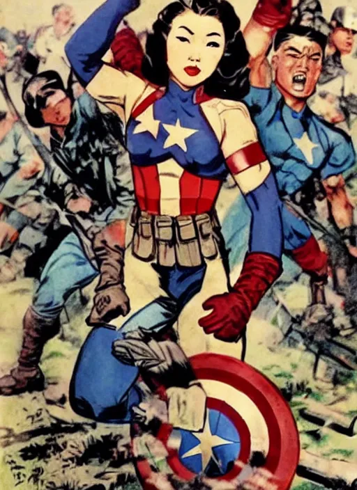 Image similar to beautiful asian female captain america standing on a pile of defeated, beaten and broken german soldiers. feminist captain america wins wwii. american wwii propaganda poster by james gurney. gorgeous face. overwatch. anime