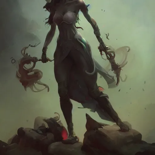 Image similar to dark fantasy full body portrait, by peter mohrbacher, james jean, wlop, greg rutkowski, detailed - face!!!, rule of thirds, dynamic pose, action pose, beautiful landscape