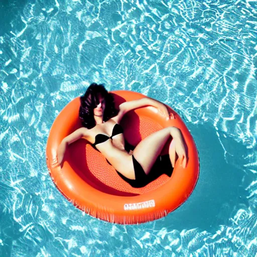 Prompt: Beautiful woman with retro hair and makeup floating in a circular inflatable plastic raft, in a luxurious pool, overhead shot, fuzzy polaroid photograph, 1970s