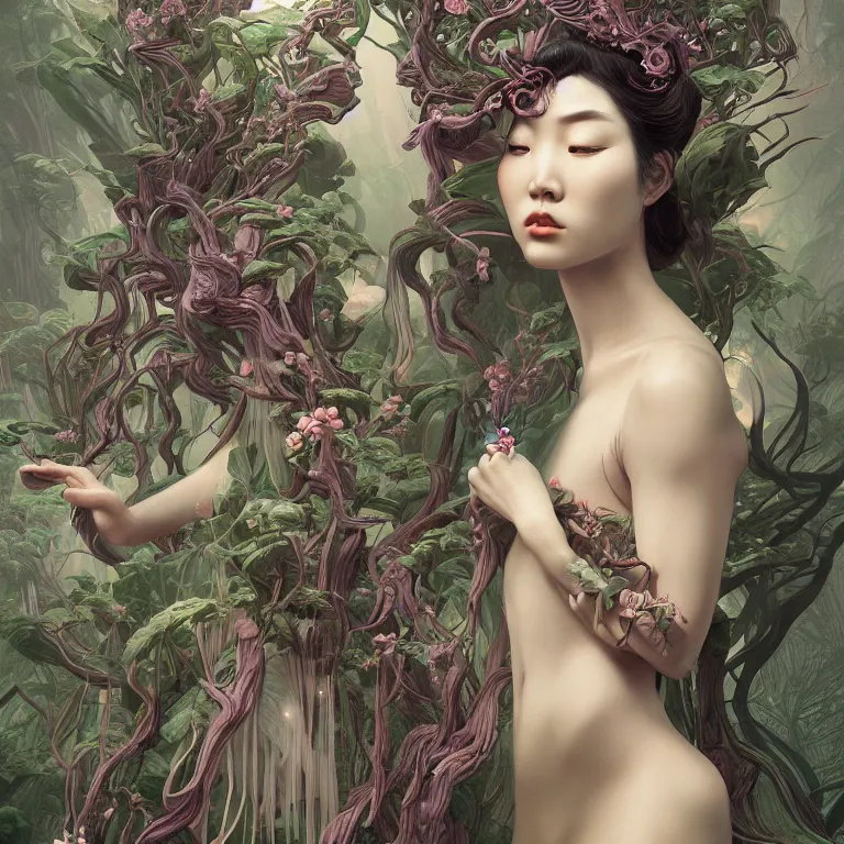 Image similar to breathtaking detailed concept art painting art deco portrait of a gaea goddess amalgamation plants, by hsiao - ron cheng, bizarre compositions, exquisite detail, extremely moody lighting, 8 k