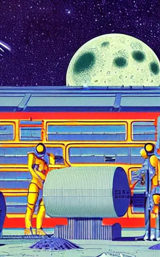 Image similar to a scifi illustration, hyper detailed external view of a lunar colony. cinematic wes anderson composition. flat colors, limited palette in FANTASTIC PLANET La planète sauvage animation by René Laloux