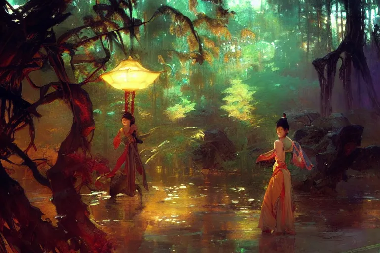 Image similar to wuxia, forest, neon light, painting by gaston bussiere, craig mullins, j. c. leyendecker