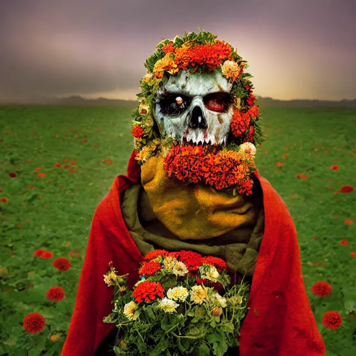 Image similar to closeup portrait of a undead zombie wearing a hooded cloak made of zinnias and rainbows, in an empty field, by Annie Leibovitz and Steve McCurry, natural light, detailed face, CANON Eos C300, ƒ1.8, 35mm, 8K, medium-format print