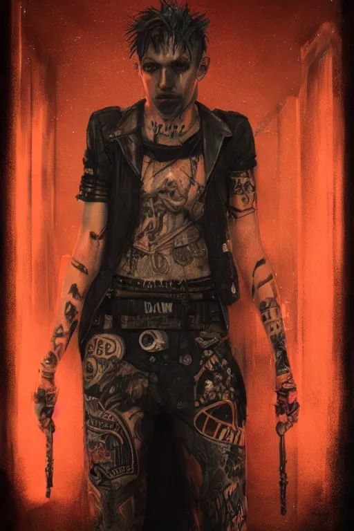 Image similar to full body portrait of a blood punk on the Las Vegas strip at night by tom bagshaw, cinematic, hyper realism, high detail, octane render, 8k, trending on artstation, CGsociety, concept art, 35mm, kodak portra