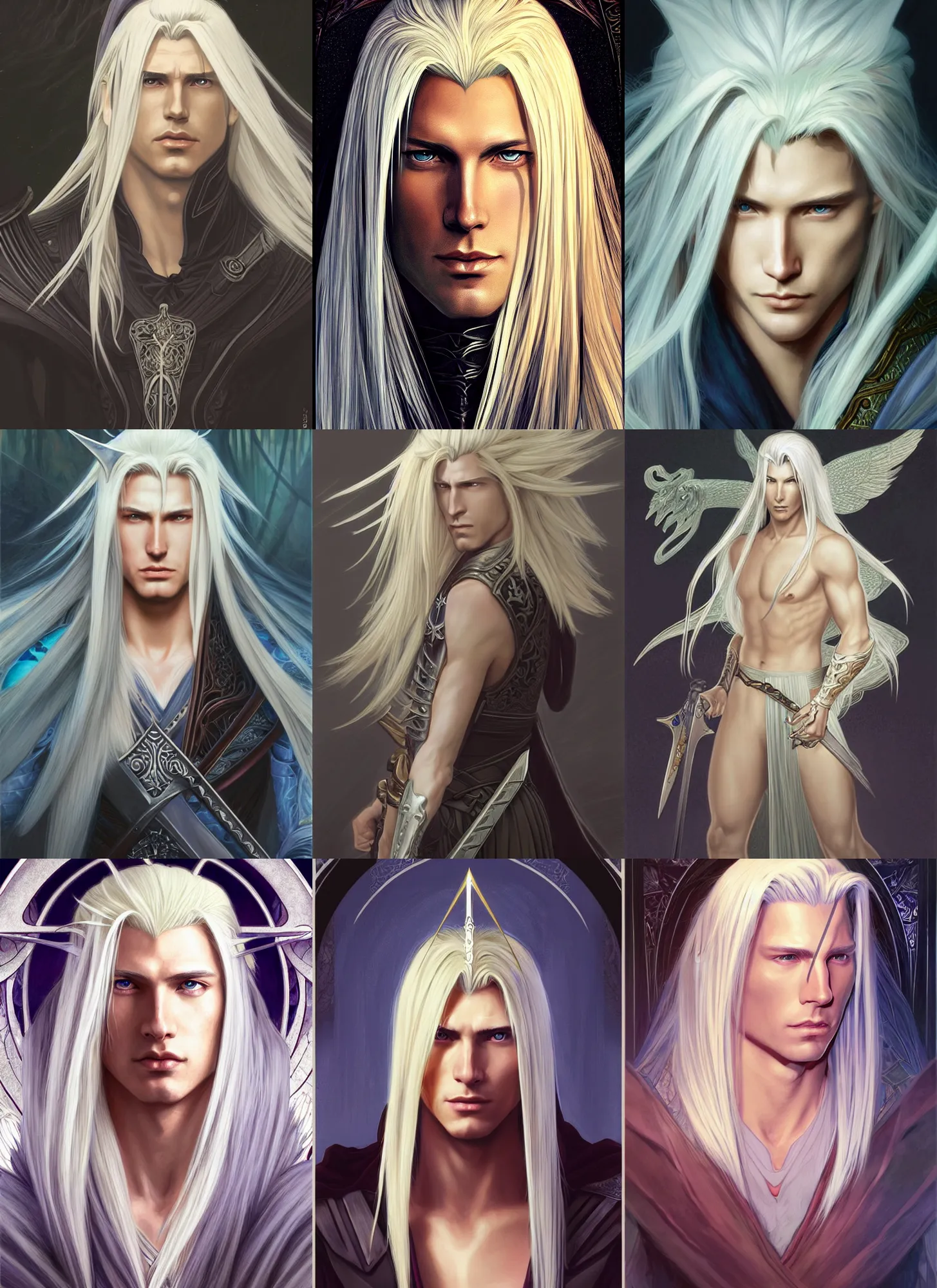 Image similar to centered portrait, Sephiroth as a male D&D Ranger, blonde hair, Art Nouveau, beautiful retro Fantasy heroine 1985, intricate, elegant, highly detailed, centered, digital painting, trending on artstation, concept art, smooth, sharp focus, illustration, art by raphael lacoste, eddie mendoza, Mucha, alex ross, WLOP