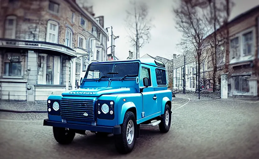 Prompt: “Blue Land Rover Defender driving fast in Porvoo city. Motion blur, high detail, zoomed in, fish eye lense. Artstation. Cinematic lighting.”