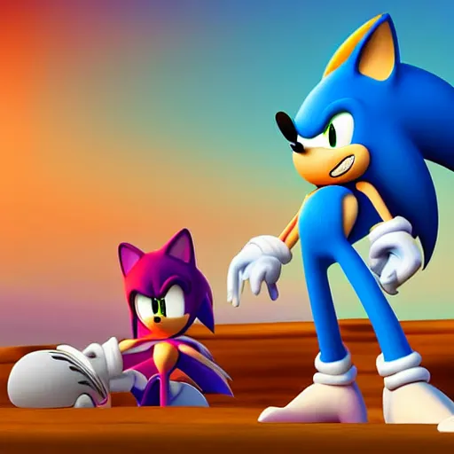 Image similar to a digital art of sonic characters watching sunset